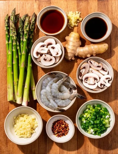 Shrimp and Asparagus Stir-Fry with Mushrooms - ready to serve