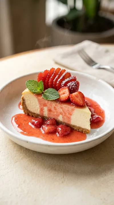Strawberry Cheesecake with Strawberry‑Vanilla Sauce