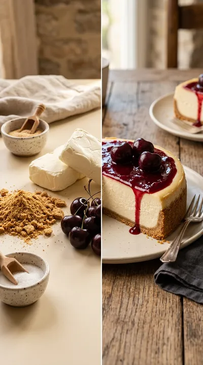 New York Cherry Cheesecake with Rich Cherry Drizzle - ready to serve