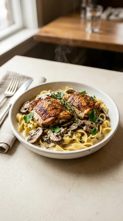 Creamy Chicken Thighs with Mushroom Thyme Sauce