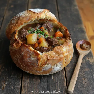 Beef Stew in a Bread Bowl Recipe - ready to serve