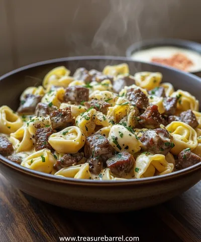 Cheesesteak Tortellini in Rich Provolone Sauce