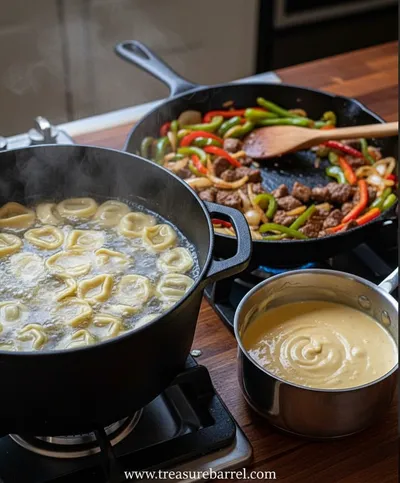 Cheesesteak Tortellini in Rich Provolone Sauce - ingredients preparation