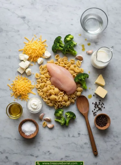 Cheesy Broccoli Chicken Pasta Bake - ingredients preparation