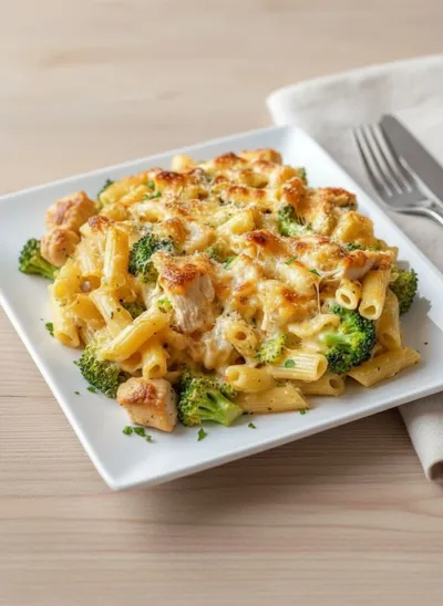 Cheesy Broccoli Chicken Pasta Bake - ready to serve