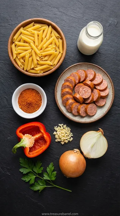 Creamy Cajun Sausage Pasta (One Pot Recipe) - ingredients preparation
