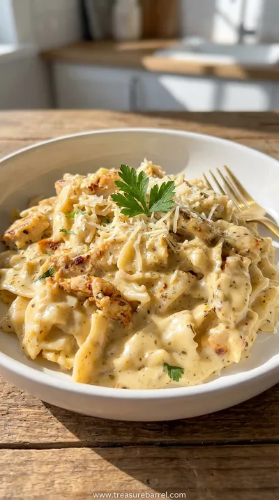 Creamy Chicken Garlic Parmesan Pasta Recipe - ready to serve