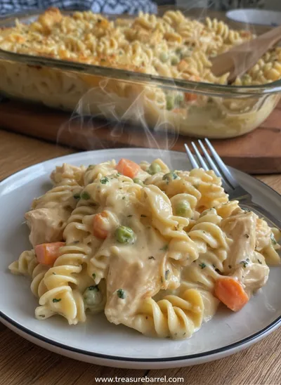 Creamy Chicken Pot Pie Pasta Bake - ready to serve