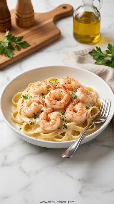 Creamy Shrimp Fettuccine Pasta with Homemade Alfredo Sauce - ready to serve