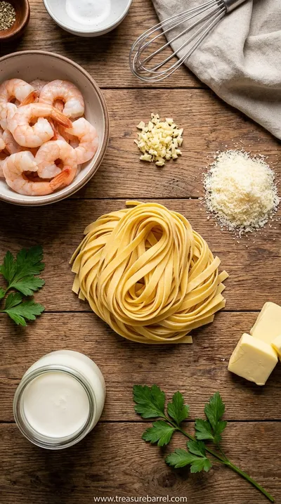Creamy Shrimp Fettuccine Pasta with Homemade Alfredo Sauce - ingredients preparation
