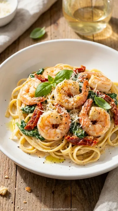Creamy Tuscan Shrimp Linguine: Easy Pasta Dinner - ready to serve