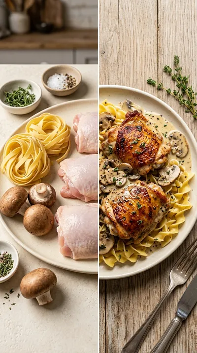 Creamy Chicken Thighs with Mushroom Thyme Sauce - ready to serve