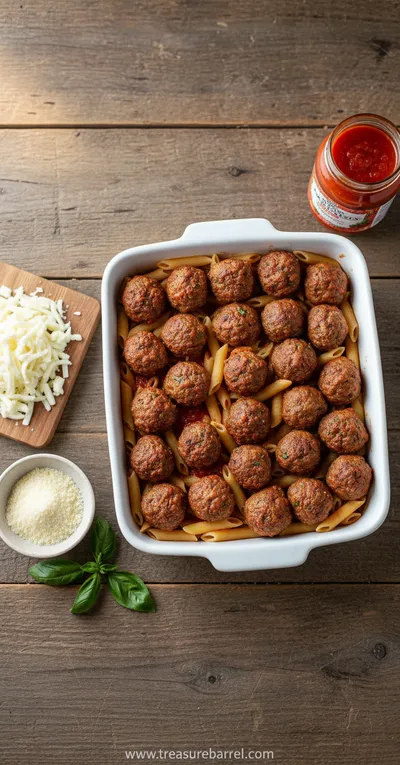 Dump-and-Bake Meatball Casserole (No-Boil Pasta) - cooking process
