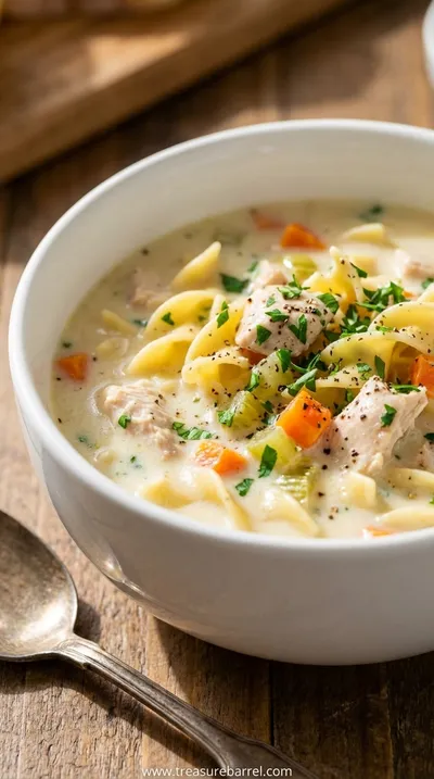 Easy Creamy Chicken Noodle Soup Recipe - ready to serve