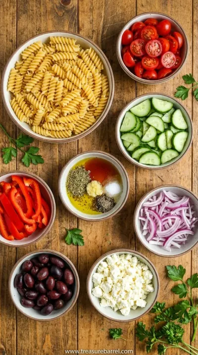Easy Pasta Salad Recipe with Colorful Veggies and Zesty Dressing - ingredients preparation