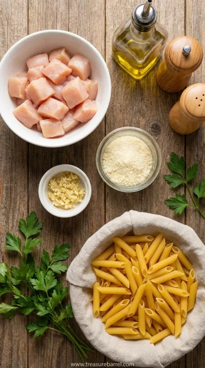 Easy Garlic Parmesan Chicken Pasta Recipe for Healthy Dinner - ingredients preparation