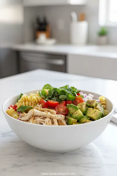 Healthy Chicken Pasta Salad with Avocado, Tomato & Basil