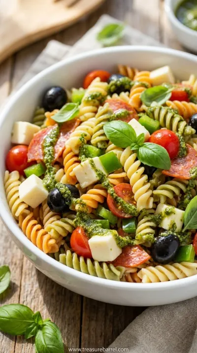 Easy Italian Pasta Salad Recipe with Tortellini Pesto - ready to serve