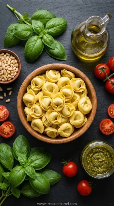 Easy Italian Pasta Salad Recipe with Tortellini Pesto - ingredients preparation