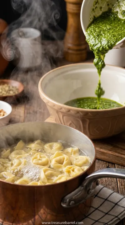 Easy Italian Pasta Salad Recipe with Tortellini Pesto - cooking process