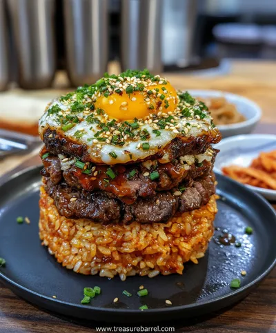 Korean BBQ Beef Rice Stack - ready to serve