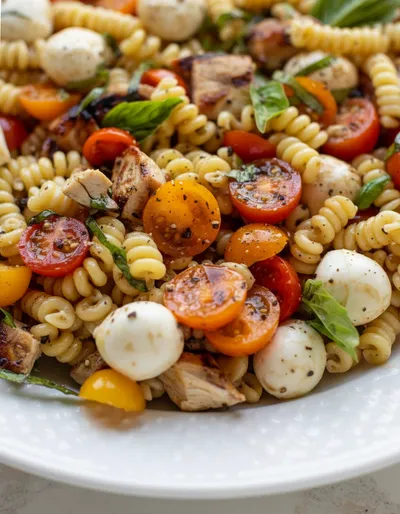 Layered Grilled Chicken Caprese Pasta Salad
