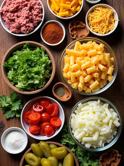 Loaded Beef Cheeseburger Pasta – Cozy Comfort - ingredients preparation