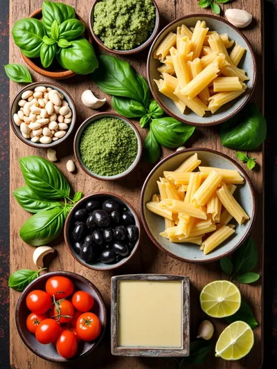 Mediterraner Nudelsalat mit Pesto - ingredients preparation