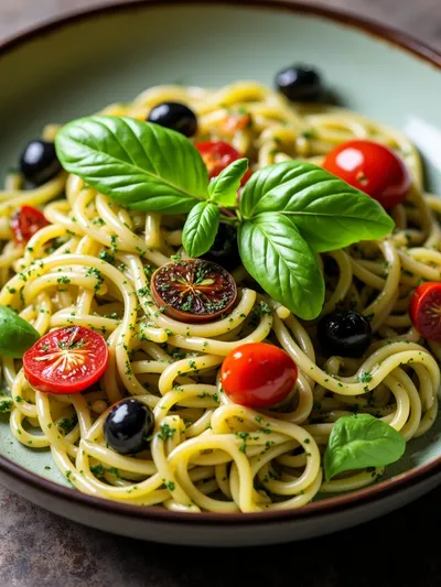 Mediterraner Nudelsalat mit Pesto