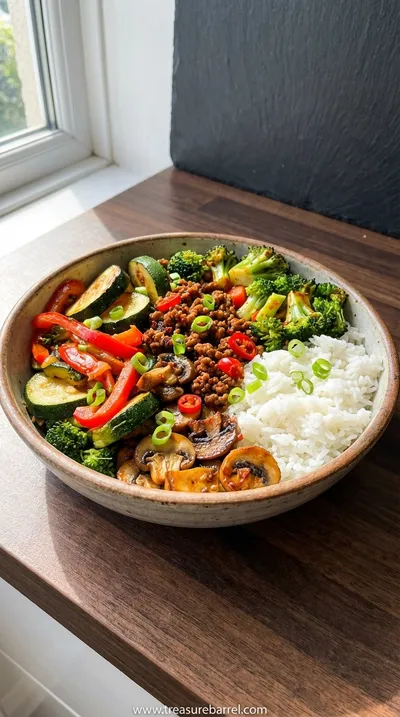 Spicy Ground Beef Stir-Fry Bowl with Garlic Veggies & Rice