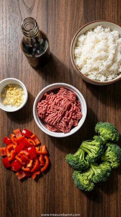 Spicy Ground Beef Stir-Fry Bowl with Garlic Veggies & Rice - ingredients preparation
