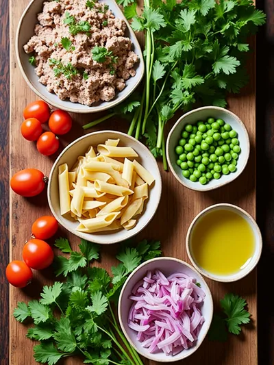Healthy Tuna Pasta Salad with Peas - ingredients preparation