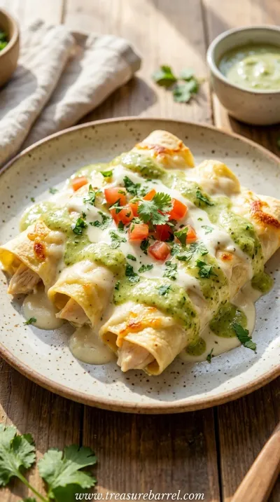 White Chicken Enchiladas With Green Chili Sour Cream Sauce