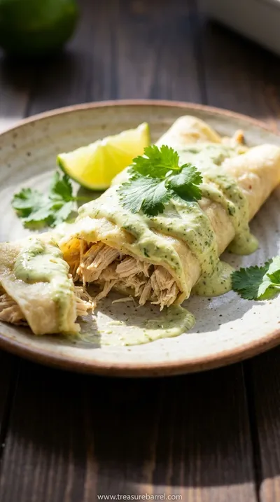 White Chicken Enchiladas with Green Chili Sour Cream Sauce - ready to serve