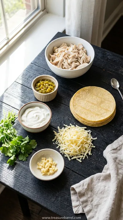 White Chicken Enchiladas with Green Chili Sour Cream Sauce - ingredients preparation
